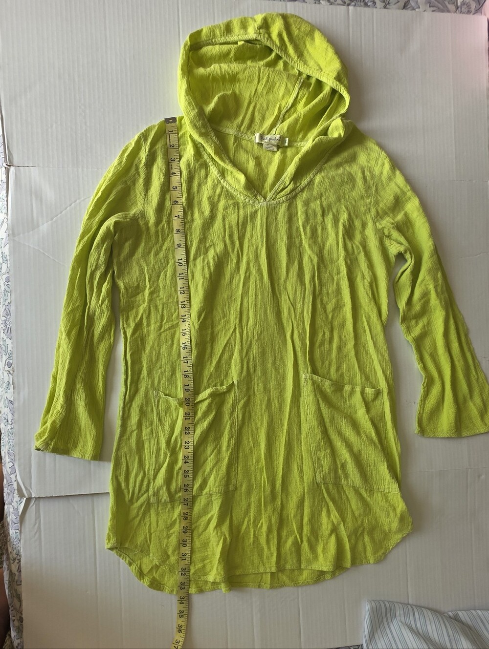 Fresh Produce Lime green Cotton Tunic Shirt Hooded Long Sleeve Lagenlook Coastal - Picture 5 of 7